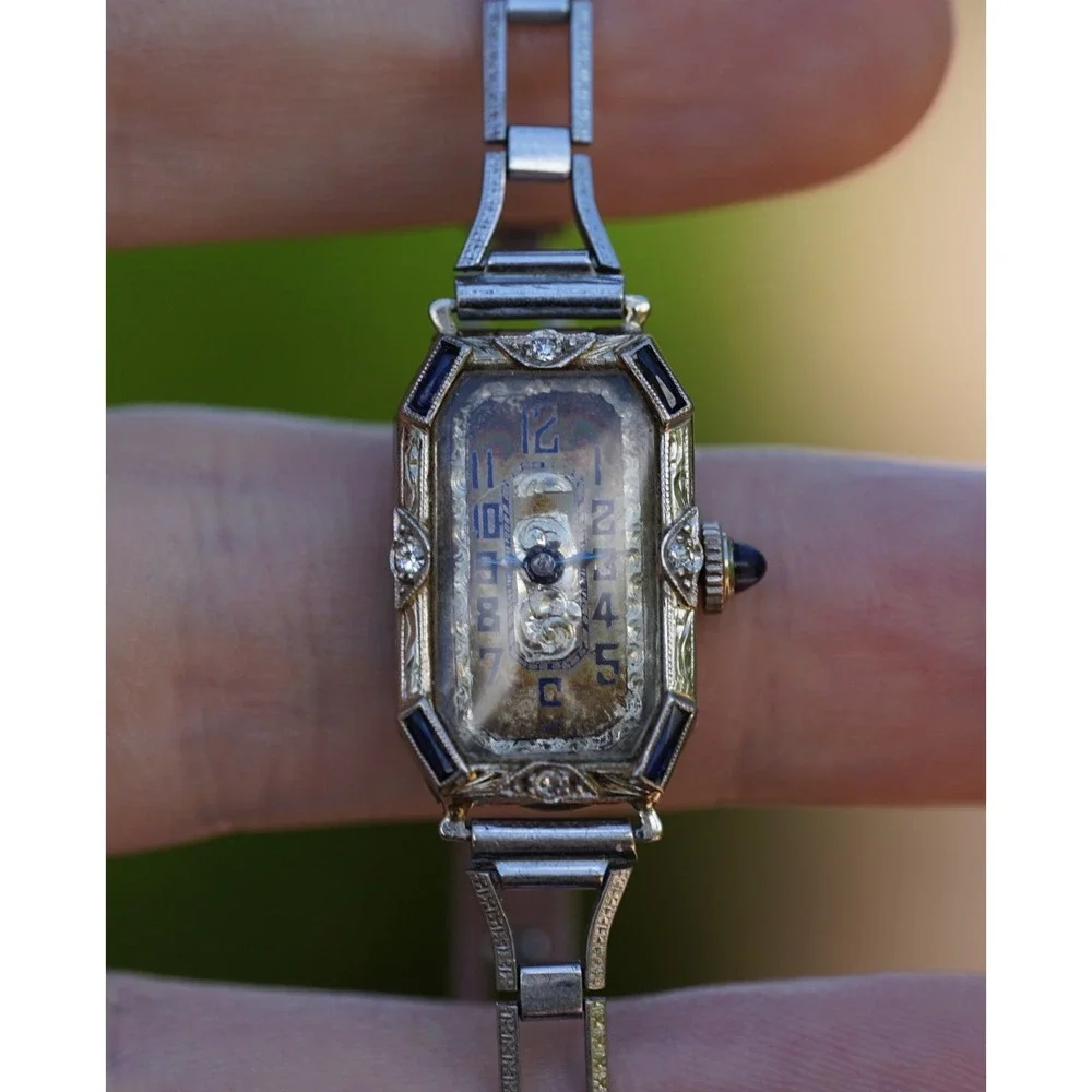 Antique Art Deco 18K Solid Gold Platinum Man Made Sapphire Natural Diamond Watch
